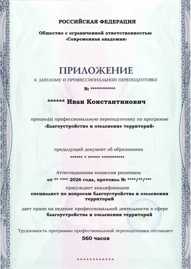 Образец приложения лицевая сторона (итоговое тестирование) по программе Благоустройство и озеленение территорий