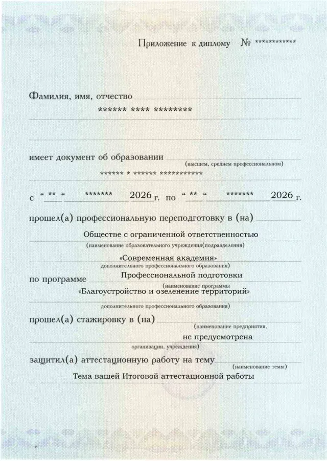Образец приложения лицевая сторона (аттестационная работа) по программе Благоустройство и озеленение территорий