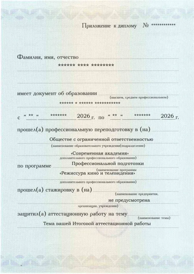 Образец приложения лицевая сторона (аттестационная работа) по программе Режиссура кино и телевидения