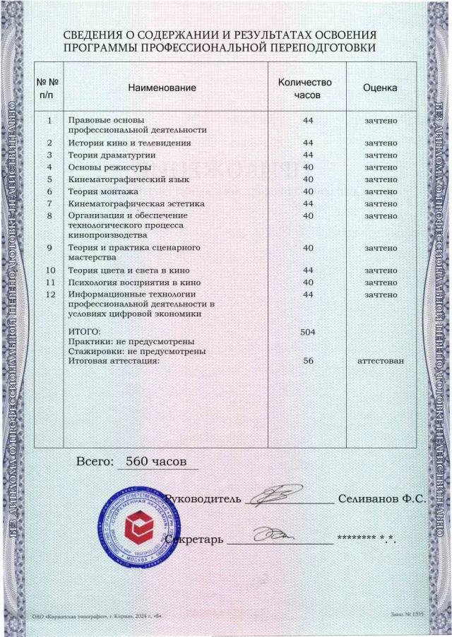 Образец приложения оборотная сторона (итоговое тестирование) по программе Режиссура кино и телевидения