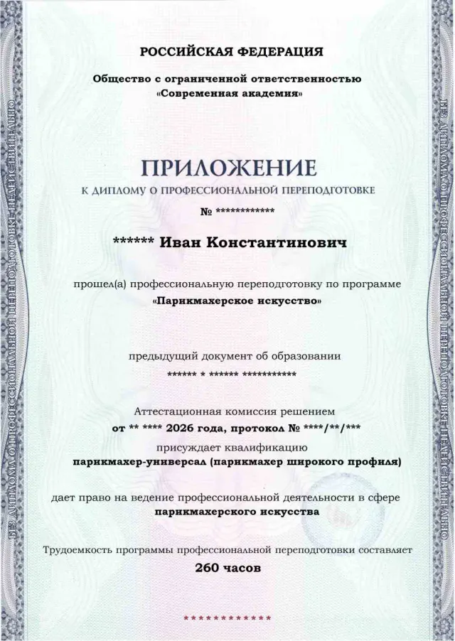 Образец приложения лицевая сторона (итоговое тестирование) по программе Парикмахерское искусство