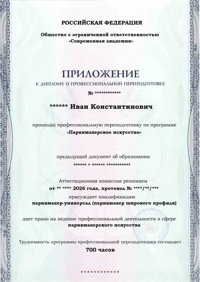Образец приложения лицевая сторона (итоговое тестирование) по программе Парикмахерское искусство