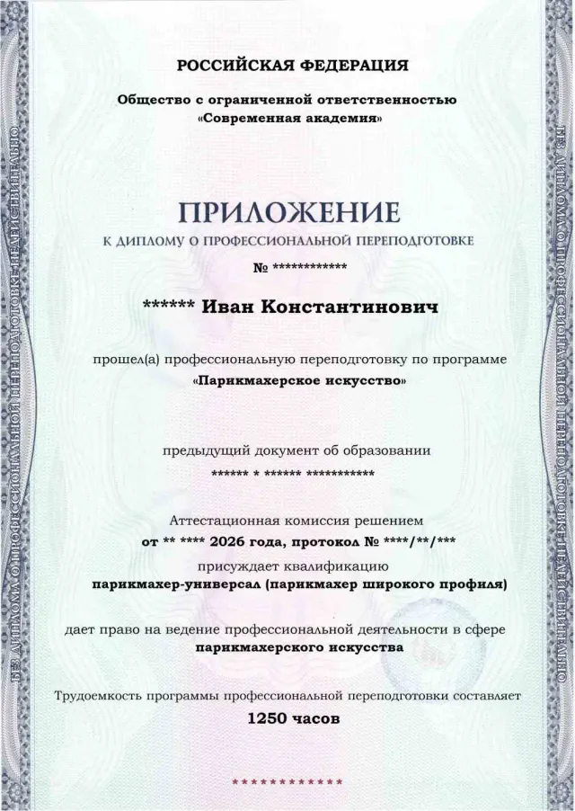 Образец приложения лицевая сторона (итоговое тестирование) по программе Парикмахерское искусство