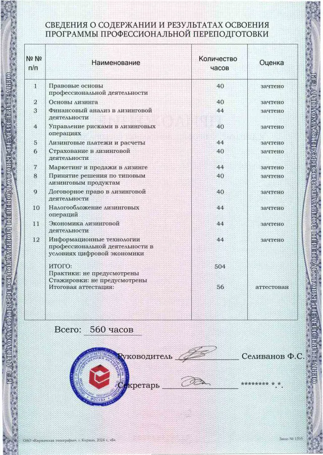 Образец приложения оборотная сторона (итоговое тестирование) по программе Специалист по лизинговой деятельности