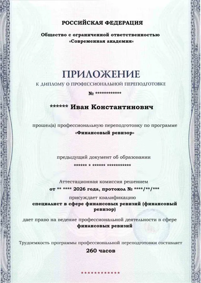 Образец приложения лицевая сторона (итоговое тестирование) по программе Финансовый ревизор