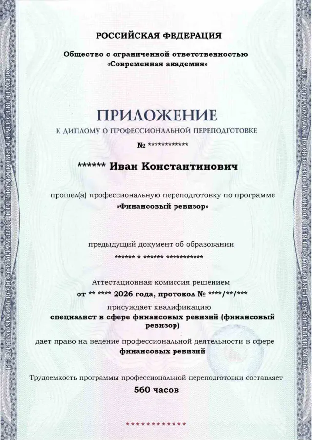Образец приложения лицевая сторона (итоговое тестирование) по программе Финансовый ревизор