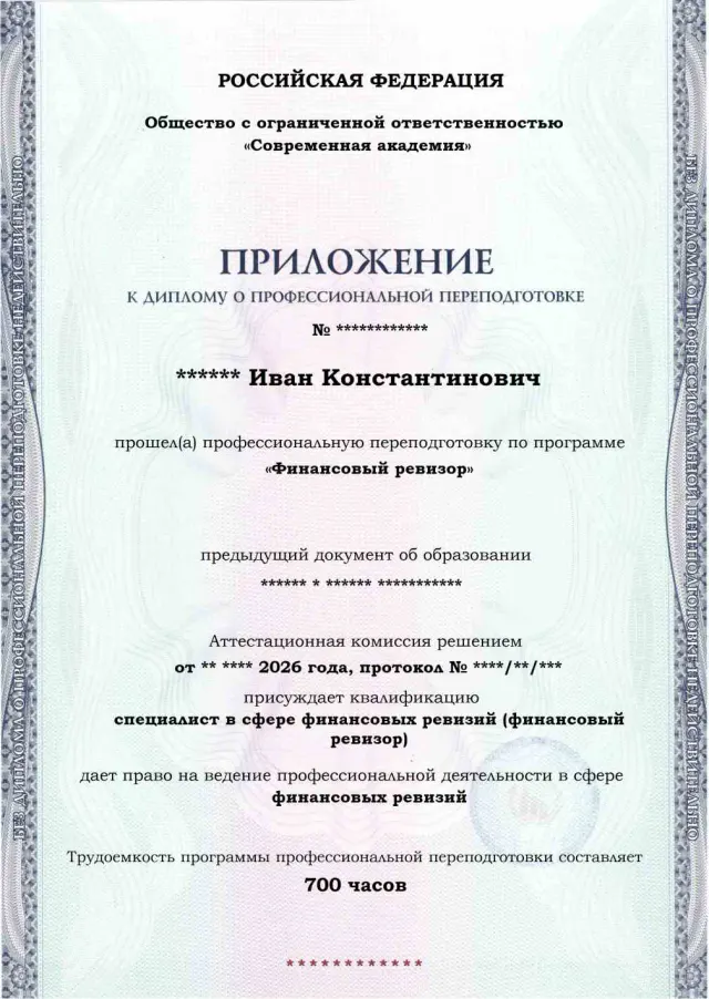 Образец приложения лицевая сторона (итоговое тестирование) по программе Финансовый ревизор