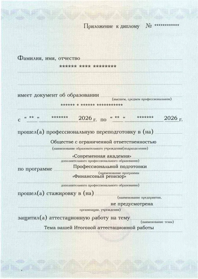 Образец приложения лицевая сторона (аттестационная работа) по программе Финансовый ревизор