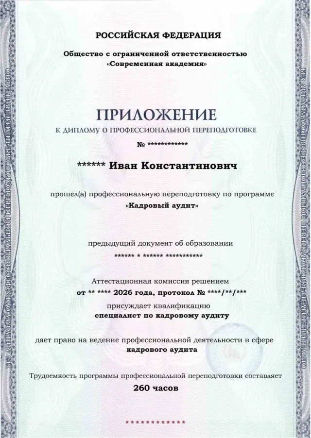 Образец приложения лицевая сторона (итоговое тестирование) по программе Кадровый аудит