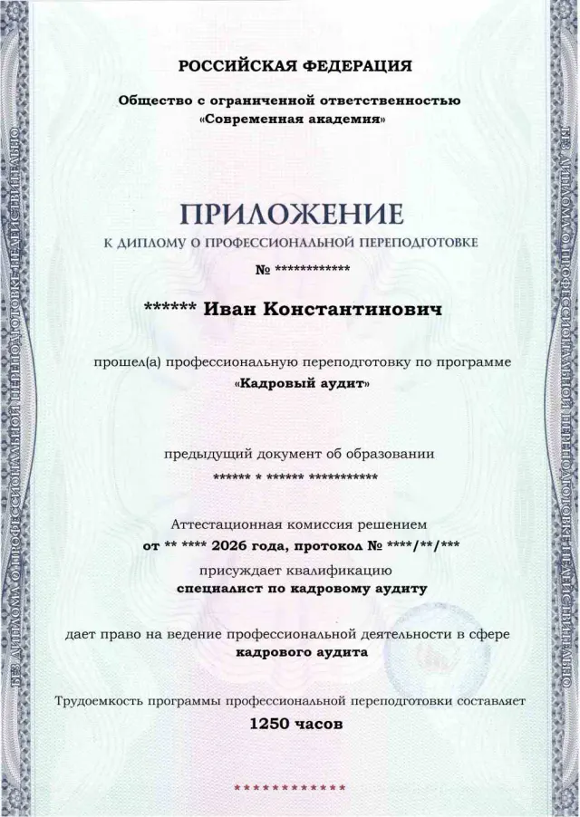 Образец приложения лицевая сторона (итоговое тестирование) по программе Кадровый аудит