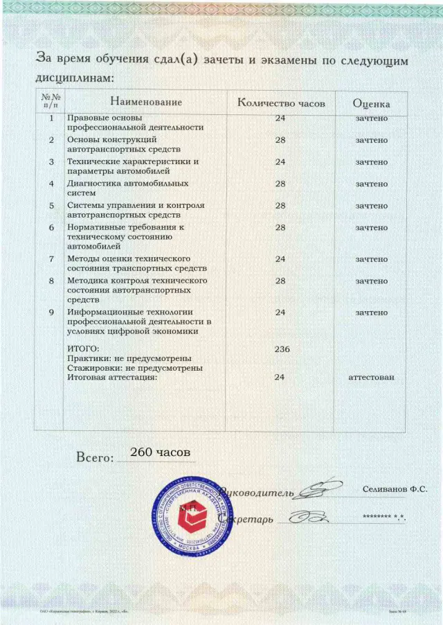 Образец приложения оборотная сторона (аттестационная работа) по программе Контролер технического состояния автотранспортных средств