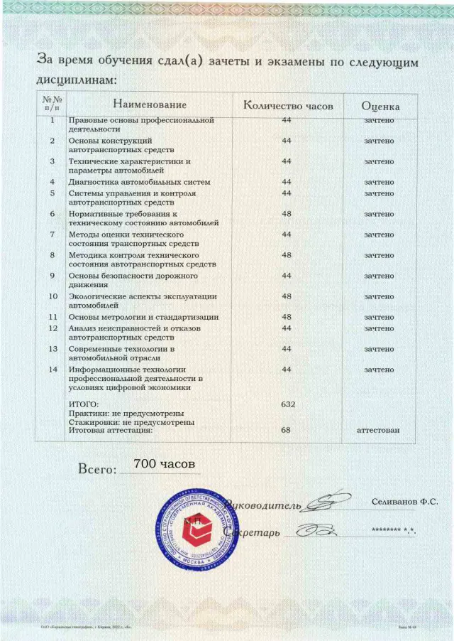 Образец приложения оборотная сторона (аттестационная работа) по программе Контролер технического состояния автотранспортных средств