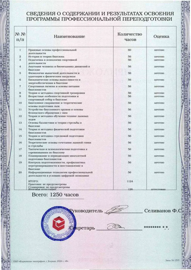 Образец приложения оборотная сторона (итоговое тестирование) по программе Тренер по биатлону