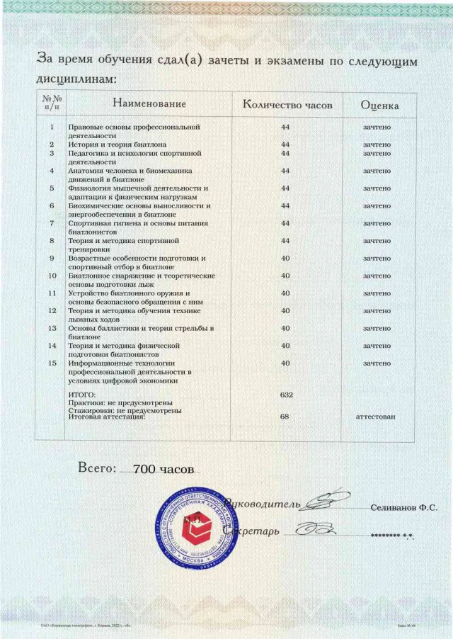 Образец приложения оборотная сторона (аттестационная работа) по программе Тренер по биатлону