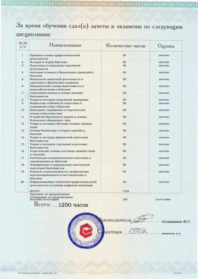 Приложение к диплому, оборотная сторона, Тренер по биатлону