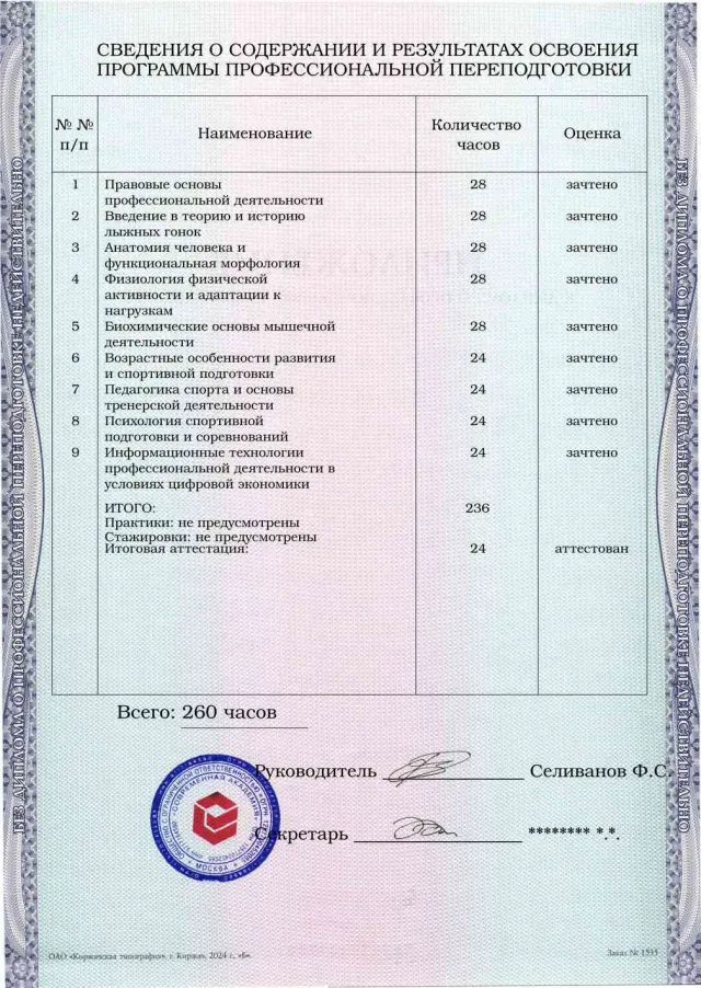 Образец приложения оборотная сторона (итоговое тестирование) по программе Тренер по лыжным гонкам