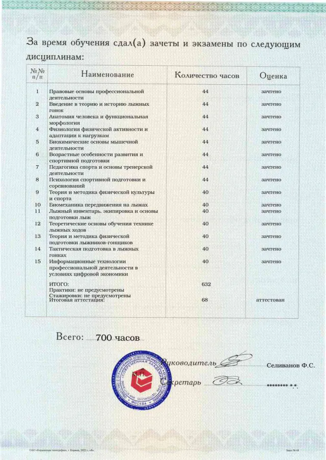 Образец приложения оборотная сторона (аттестационная работа) по программе Тренер по лыжным гонкам