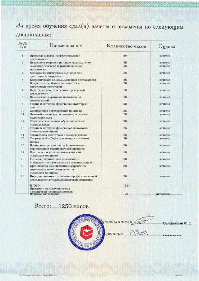 Образец приложения оборотная сторона (аттестационная работа) по программе Тренер по лыжным гонкам