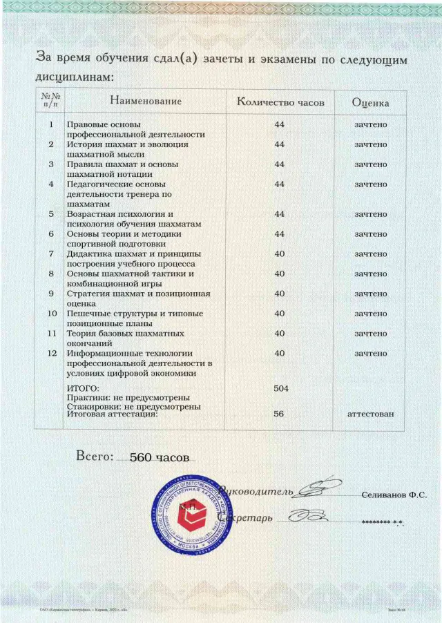 Образец приложения оборотная сторона (аттестационная работа) по программе Тренер по шахматам