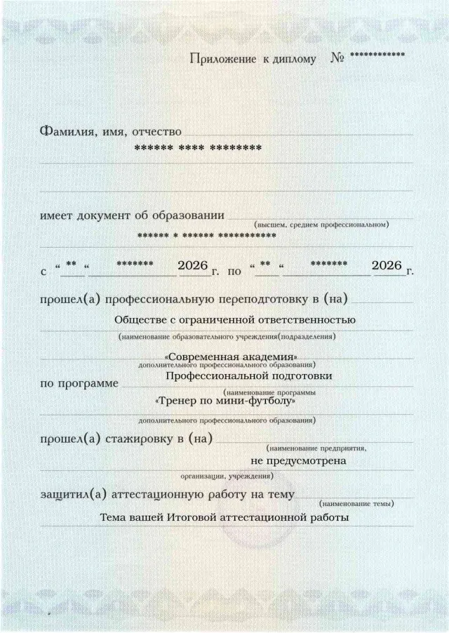 Приложение к диплому, лицевая сторона, Тренер по мини-футболу