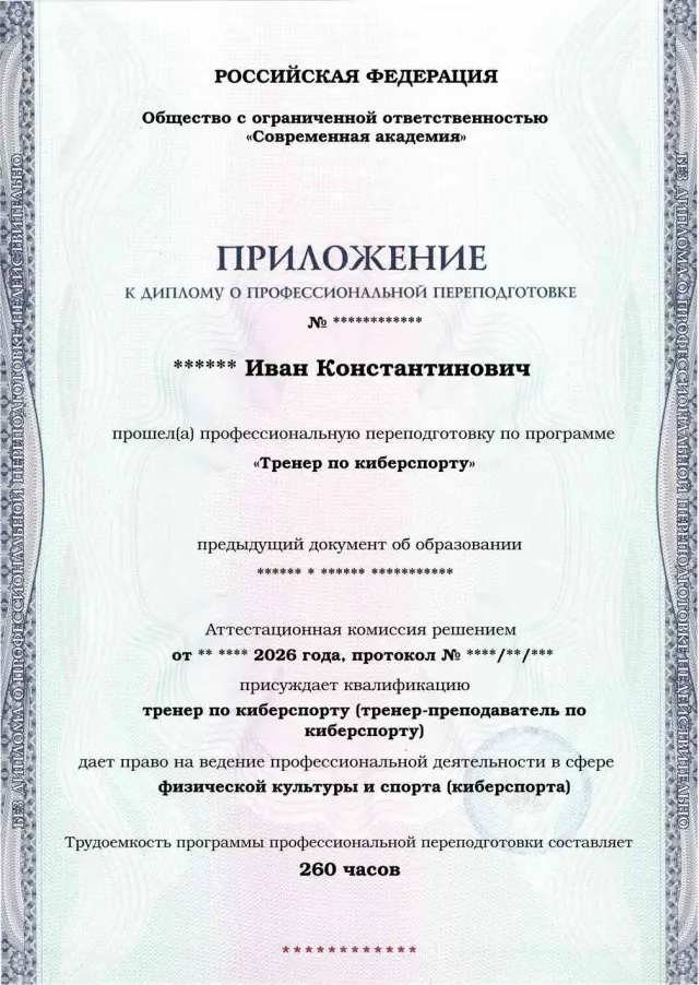 Образец приложения лицевая сторона (итоговое тестирование) по программе Тренер по киберспорту