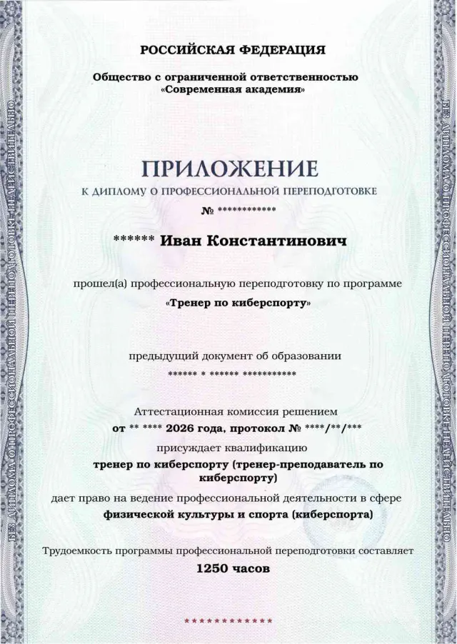 Образец приложения лицевая сторона (итоговое тестирование) по программе Тренер по киберспорту