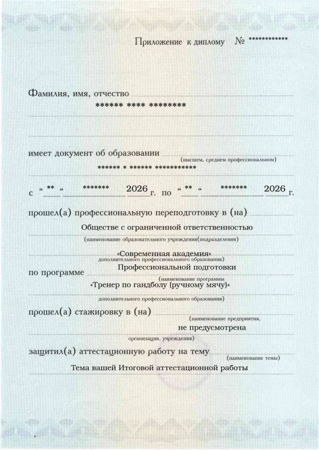 Образец приложения лицевая сторона (аттестационная работа) по программе Тренер по гандболу (ручному мячу)