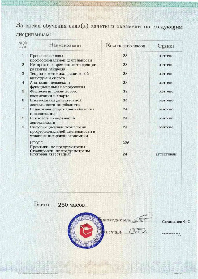 Образец приложения оборотная сторона (аттестационная работа) по программе Тренер по гандболу (ручному мячу)