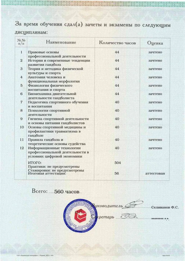 Образец приложения оборотная сторона (аттестационная работа) по программе Тренер по гандболу (ручному мячу)