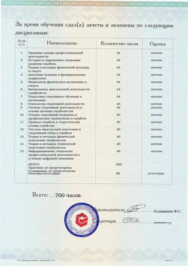 Образец приложения оборотная сторона (аттестационная работа) по программе Тренер по гандболу (ручному мячу)