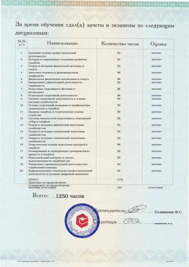 Образец приложения оборотная сторона (аттестационная работа) по программе Тренер по гандболу (ручному мячу)