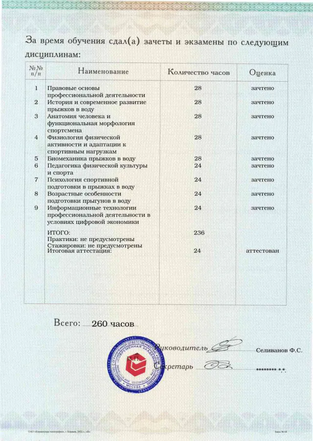 Образец приложения оборотная сторона (аттестационная работа) по программе Тренер по прыжкам в воду