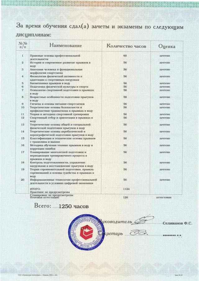 Приложение к диплому, оборотная сторона, Тренер по прыжкам в воду