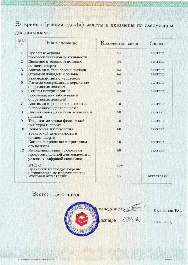 Образец приложения оборотная сторона (аттестационная работа) по программе Тренер по конному спорту