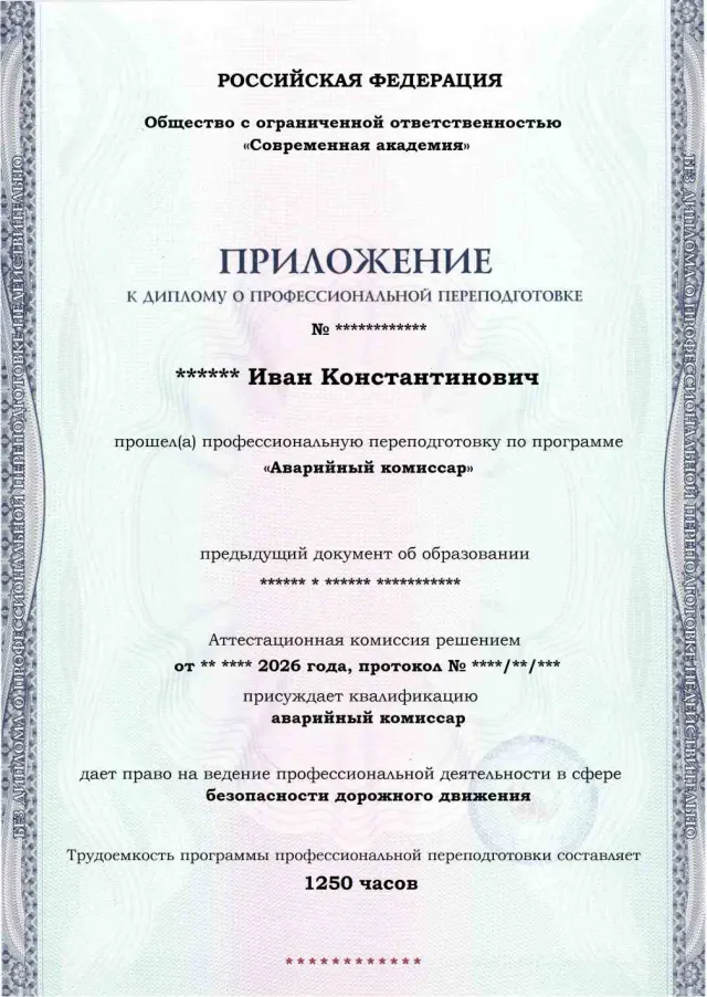 Образец приложения лицевая сторона (итоговое тестирование) по программе Аварийный комиссар
