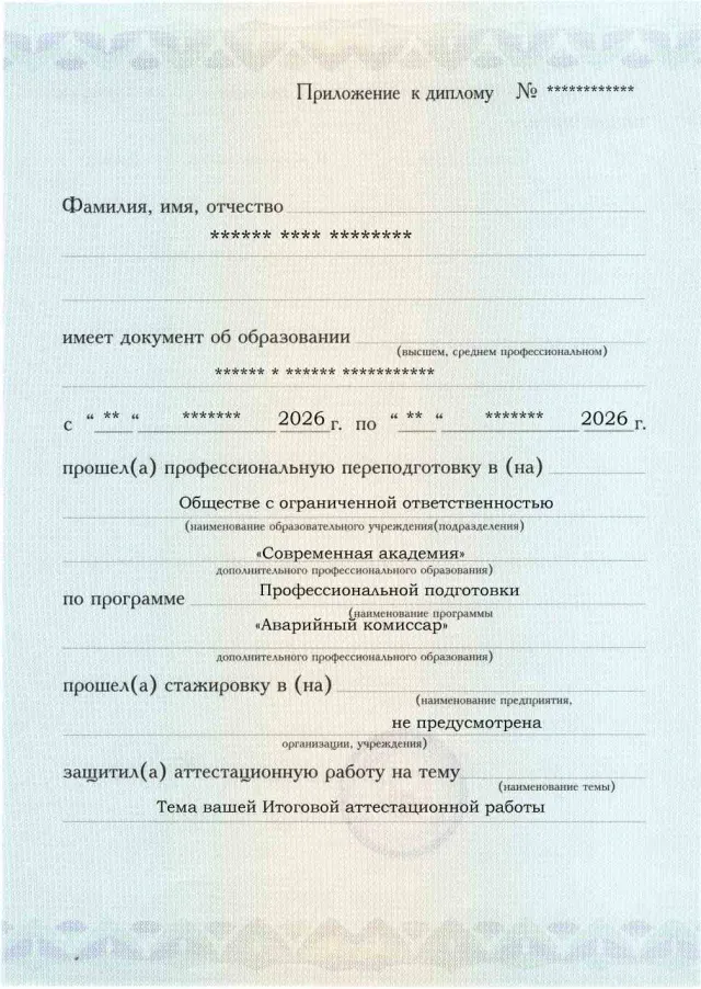 Образец приложения лицевая сторона (аттестационная работа) по программе Аварийный комиссар