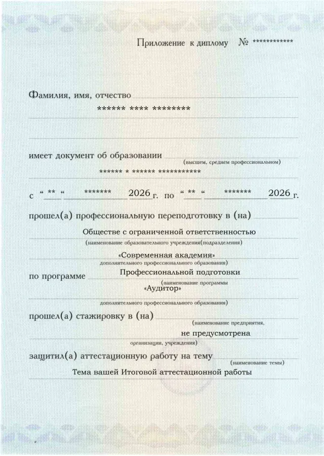 Образец приложения лицевая сторона (аттестационная работа) по программе Аудитор