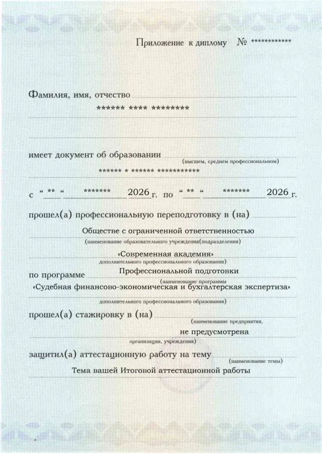 Образец приложения лицевая сторона (аттестационная работа) по программе Судебная финансово-экономическая и бухгалтерская экспертиза