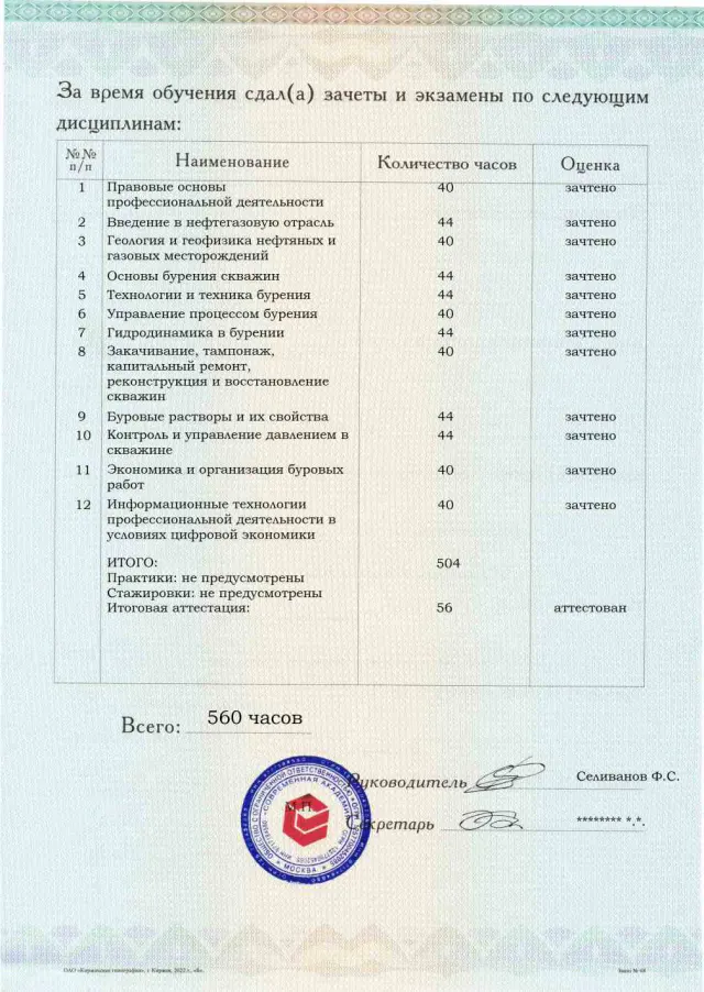 Образец приложения оборотная сторона (аттестационная работа) по программе Бурение нефтяных и газовых скважин